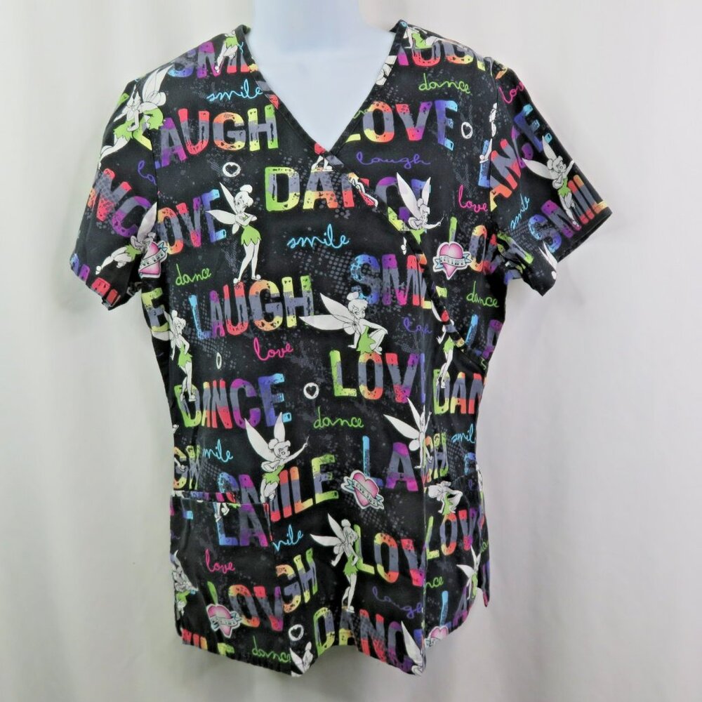 Disney Tink Scrub Top Ladies M Love Dance Tinker Bell Shirt Pockets Cotton